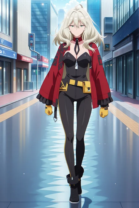 masterpiece, best quality, anime, 2d, 1girl, (anime screencap), (slender), (medium breasts), solo, <lora:VeraRustamova-ILXL-V1:1> v3r4rust,
BREAK (medium hair, platinum blonde hair), outdoors, day, city, science fiction,
BREAK (red jacket, open jacket, yellow gloves, black bodysuit, strapless, cleavage, yellow belt pouch, detached collar, black footwear, ankle boots),
BREAK (full body, walking, dynamic pose:1.4), (expressionless, green eyes)
BREAK <lora:RealisticAnimeIXL:0.5> , bokeh, luminescent background,