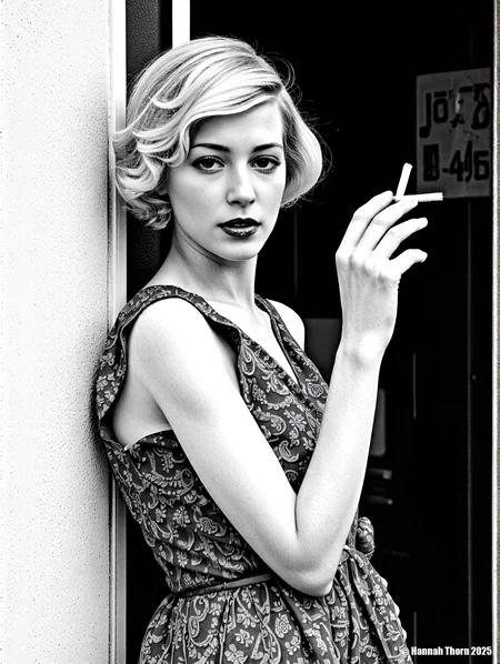 A captivating portrait of a blonde woman with wavy hair, styled in a vintage fashion, leaning against a white concrete wall. She is dressed in a patterned, long-sleeved dress, complemented by a shimmering bracelet. The composition features a close-up shot, emphasizing her expressive eyes and the soft curves of her face. The lighting is dramatic, casting strong shadows and highlights that accentuate the textures of her dress and hair. The background includes a chain-link fence, adding a touch of industrial contrast to the scene. The overall mood is sophisticated and alluring, reminiscent of classic Hollywood glamour. The image should be rendered with high detail and a shallow depth of field, focusing on the woman's face and upper body. The color palette is muted, with a focus on warm tones and subtle gradations. The final image should evoke a sense of timeless beauty and elegance., <lora:_Flux\_Photographer\Helmut_Newton-000001.safetensors:0.8300000000000002:0.8300000000000002> <lora:_Flux\_Skin_Appearance\detailifier_flux-000006.safetensors:0.8300000000000002:0.8300000000000002>, A black and white portrait of a woman standing on a porch, wearing a button-down shirt, holding a cigarette, with a stormy sky in the background, next to a house, she has short hair, her shirt is wet, she has an expressionless face, the lighting is dramatic, the scene is reminiscent of a film noir, shot on medium format film, with a shallow depth of field, creating a sense of intimacy and vulnerability, the woman's gaze is directed towards the viewer, creating a connection, the overall mood is somber and introspective, the composition is simple yet effective, emphasizing the woman's figure and the surrounding environment, the image is timeless and evocative, capturing a moment of quiet contemplation in a turbulent world, the contrast between light and shadow adds depth and dimension to the scene, the woman's posture is relaxed yet confident, suggesting a sense of resilience and strength, the image is a powerful representation of the human spirit, conveying a sense of hope and perseverance in the face of adversity., <lora:_Flux\_Photographer\Helmut_Newton-000001.safetensors:0.8300000000000002:0.8300000000000002> <lora:_Flux\_Skin_Appearance\detailifier_flux-000006.safetensors:0.8300000000000002:0.8300000000000002><lora:_Flux\_Photographer\Helmut_Newton-000001.safetensors:0.8300000000000002:0.8300000000000002> <lora:_Flux\_Skin_Appearance\detailifier_flux-000006.safetensors:0.8300000000000002:0.8300000000000002>