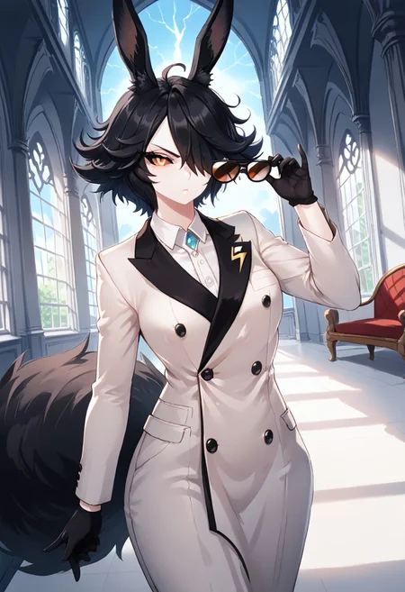 score_9, score_8_up, score_7_up,jovie,
BREAK,rabbit girl,monster girl,dark sclera,(flat breasts),mature woman,serious expression,short black hair,hair over eye,messy hair,(black ears, long fluffy rabbit ears:1.3),(pale skin),orange eyes,adjusting gloves,holding rectangular sunglasses,(double-breasted suits),elegant clothes,pocket watch,front angle,mansion scenery,indoors,hallway,imposing vibes,night time,dynamic lightning