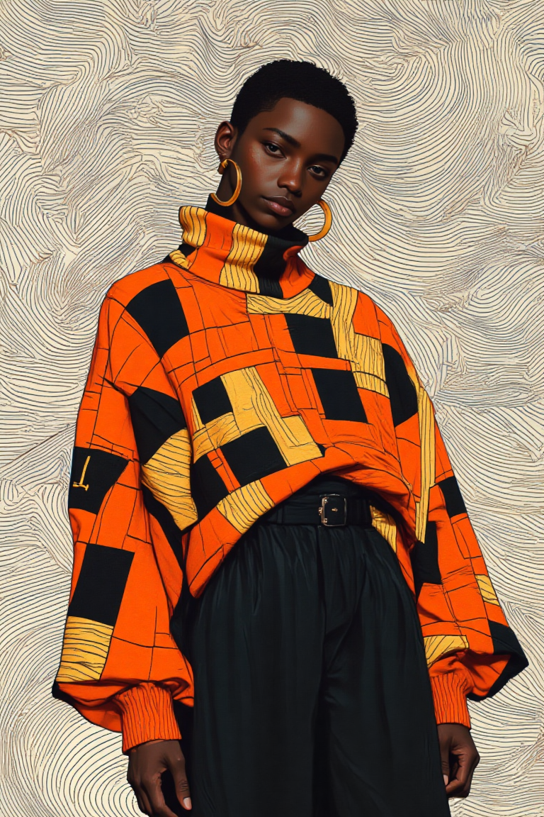 This digital illustration features a stylized fashion model set against a mesmerizing optical illusion background, crafted entirely with black and white lines to juxtapose the vibrant orange tones. The optical illusion comprises parallel black and white horizontal lines, but they subtly diverge and converge at alternating intervals, creating a rippling wave-like effect across the composition. These lines are drawn with precision, varying slightly in thickness to produce an undulating rhythm that appears to recede and advance, giving the impression of depth and movement. The background's intricate linear flow contrasts sharply with the subject, a person of indeterminate gender wearing a striking high-necked turtleneck with long sleeves, decorated with bold black and yellow geometric patterns arranged in a grid-like design. The voluminous sleeves extend past the wrists, adding a dynamic element to the silhouette. The bottom half of the outfit is a high-waisted, dark navy skirt or pants, cinched with a thin, gold belt that mirrors the large gold hoop earrings framing the partially obscured face beneath a wide-brimmed black hat. The overall composition balances the clean, modern aesthetic of the outfit with the hypnotic, meticulously crafted background, creating a visual interplay that is both sophisticated and compelling.