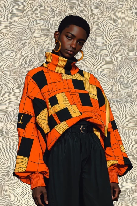 This digital illustration features a stylized fashion model set against a mesmerizing optical illusion background, crafted entirely with black and white lines to juxtapose the vibrant orange tones. The optical illusion comprises parallel black and white horizontal lines, but they subtly diverge and converge at alternating intervals, creating a rippling wave-like effect across the composition. These lines are drawn with precision, varying slightly in thickness to produce an undulating rhythm that appears to recede and advance, giving the impression of depth and movement. The background's intricate linear flow contrasts sharply with the subject, a person of indeterminate gender wearing a striking high-necked turtleneck with long sleeves, decorated with bold black and yellow geometric patterns arranged in a grid-like design. The voluminous sleeves extend past the wrists, adding a dynamic element to the silhouette. The bottom half of the outfit is a high-waisted, dark navy skirt or pants, cinched with a thin, gold belt that mirrors the large gold hoop earrings framing the partially obscured face beneath a wide-brimmed black hat. The overall composition balances the clean, modern aesthetic of the outfit with the hypnotic, meticulously crafted background, creating a visual interplay that is both sophisticated and compelling.
