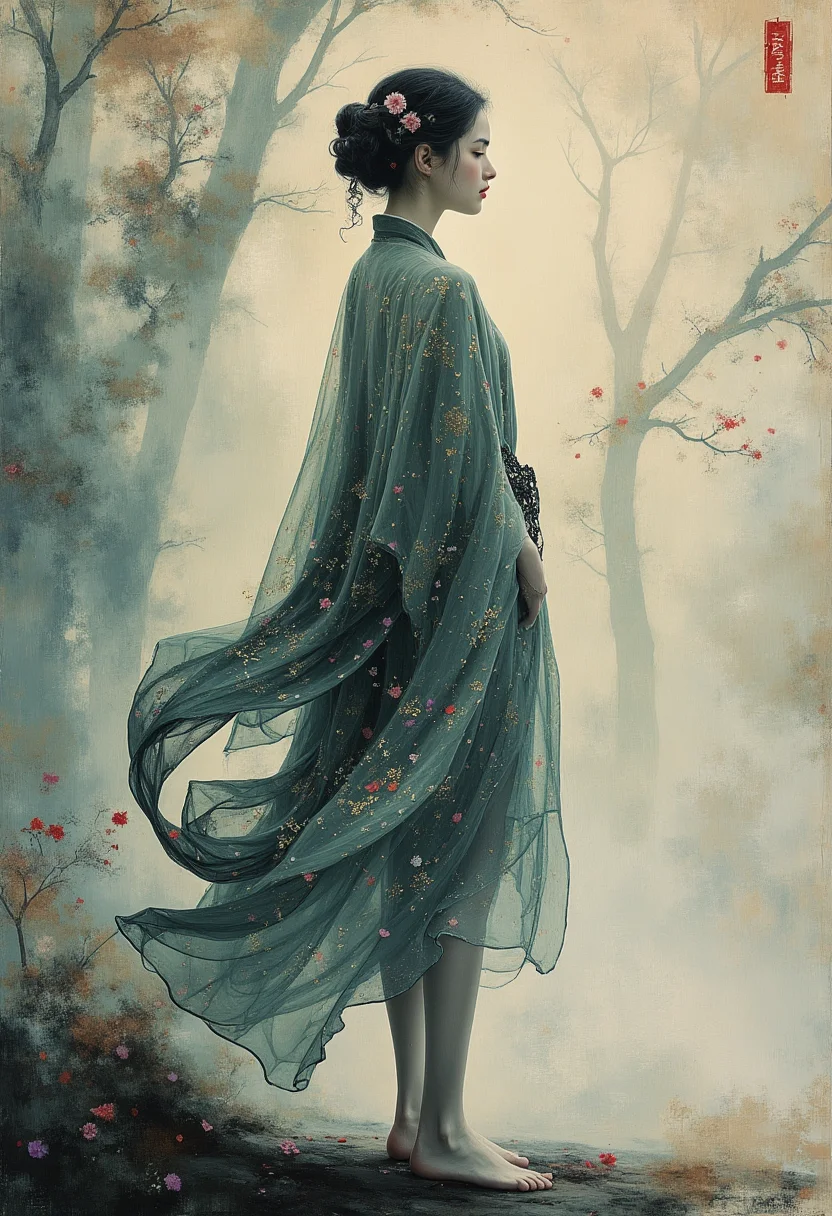 In this unique and captivating photograph, we present a masterpiece that blends the ethereal beauty of an idol girl ink painting with the vibrant strokes characteristic of the collaborative works of David Roberts and Helen Frankenthaler. The idol girl is depicted in full body form, her figure standing against a softly blurred background of a tranquil forest setting, which adds depth and mystery to the scene.The shooting angle chosen for this image is a low, diagonal perspective from above, creating a dramatic and visually impactful view. From this angle, we see the idol girl’s legs extending into the lower portion of the frame, with her upper body and face slightly tilted upward towards us. This positioning not only emphasizes the dynamic movement but also highlights the contrast between the grounded figure and the ethereal atmosphere around her.The ink painting style is evident in the precise lines defining her form, while the background features subtle yet striking brushstrokes that suggest a lush, forest environment. These strokes are interwoven with hues of deep greens, rich browns, and muted purples, creating a harmonious blend of natural beauty and artistic expression.David Roberts' meticulous attention to detail is showcased in the intricate lines and patterns of the girl's attire, which includes flowing robes adorned with delicate motifs that seem to shimmer under an imaginary light. Helen Frankenthaler’s influence is present in the way these elements interact with the background, as if her brushstrokes have seeped through the ink lines, creating a seamless blend of organic and geometric forms.The overall composition exudes a sense of tranquility and wonder, inviting viewers to explore the intricate details while also feeling enveloped by the serene atmosphere. This photograph serves as a visual tribute to both artists' unique styles and their ability to create a harmonious fusion that transcends traditional boundaries of art. HD32K, hyperdetailed, best quality, aidmaMJ6.1.