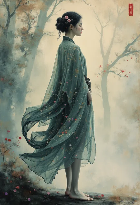 In this unique and captivating photograph, we present a masterpiece that blends the ethereal beauty of an idol girl ink painting with the vibrant strokes characteristic of the collaborative works of David Roberts and Helen Frankenthaler. The idol girl is depicted in full body form, her figure standing against a softly blurred background of a tranquil forest setting, which adds depth and mystery to the scene.The shooting angle chosen for this image is a low, diagonal perspective from above, creating a dramatic and visually impactful view. From this angle, we see the idol girl’s legs extending into the lower portion of the frame, with her upper body and face slightly tilted upward towards us. This positioning not only emphasizes the dynamic movement but also highlights the contrast between the grounded figure and the ethereal atmosphere around her.The ink painting style is evident in the precise lines defining her form, while the background features subtle yet striking brushstrokes that suggest a lush, forest environment. These strokes are interwoven with hues of deep greens, rich browns, and muted purples, creating a harmonious blend of natural beauty and artistic expression.David Roberts' meticulous attention to detail is showcased in the intricate lines and patterns of the girl's attire, which includes flowing robes adorned with delicate motifs that seem to shimmer under an imaginary light. Helen Frankenthaler’s influence is present in the way these elements interact with the background, as if her brushstrokes have seeped through the ink lines, creating a seamless blend of organic and geometric forms.The overall composition exudes a sense of tranquility and wonder, inviting viewers to explore the intricate details while also feeling enveloped by the serene atmosphere. This photograph serves as a visual tribute to both artists' unique styles and their ability to create a harmonious fusion that transcends traditional boundaries of art. HD32K, hyperdetailed, best quality, aidmaMJ6.1.