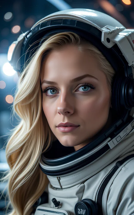 Blonde Hair. (Upper body photo:1.2). Beautiful female. Wearing Astronaut suit and helmet. Floating in space. Detailed eyes framed by long, perfect eyelashes. Her eyebrows are perfectly arched and delicate, adding grace to her gaze. Light make-up. Detailed face. Soft features. Sensual. Universe, space, solar system. Photorealistic, Natural atmospheric lighting, intricate details, 35mm photograph, film, professional, 4k visuals, highly detailed, elegant, studio quality.