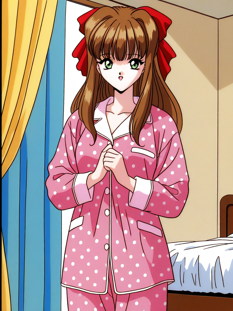 general,highres, ultra-detailed,very aesthetic,best quality ,best hands,  BREAK <lora:Imouto_SG_IS:1> Imouto_SG, brown hair, long hair, hair bow, green eyes, red bow, bangs, breasts,
1girl, solo,  open mouth, pink pajamas, light smile, 
Polka dot pattern, :o, 1990s (style), looking at viewer
smile, cowboy_Shot,
bed room, curtain,