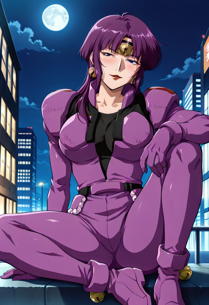 ((masterpiece, absurdres)), best quality, amazing quality, newest, 4k, anime coloring, very aesthetic, ray tracing, Smooth Quality, CG, source_anime,street view,city,night, moonlight,,Fuala, 1 mature female, long hair, purple hair, red lips, bell headband, bell earrings,purple pilotsuit,black t-shirt,waist accessory,pilotshoes with bell,sitting