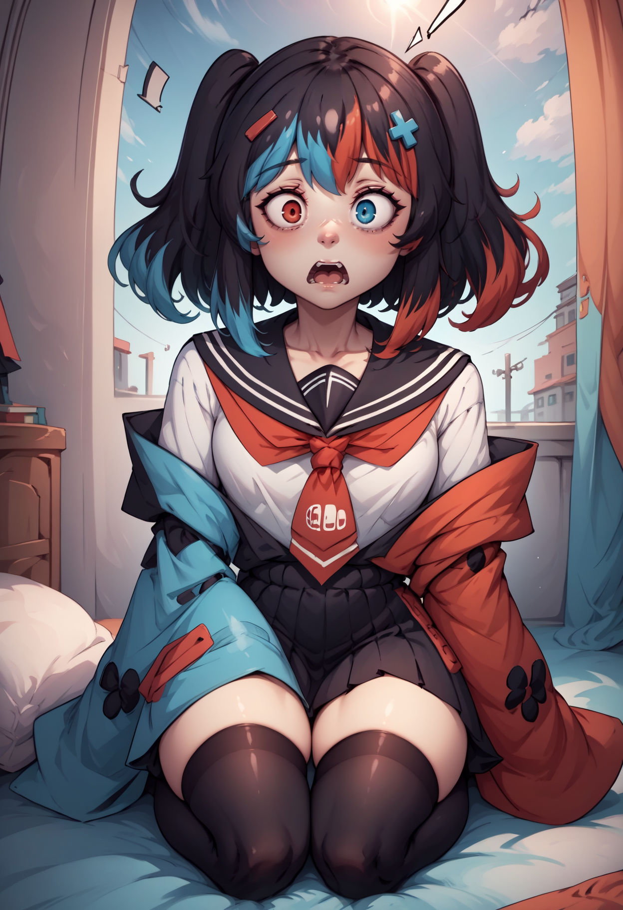 score_9, score_8_up, score_7_up, score_6_up, score_5_up, score_4_up, rating_questionable, BREAK, fetal position, <lora:SwitchchanXLPD:.95> Switchchan, heterochromia, sailor collar, sleeves past wrists, sleeves past fingers, school uniform, shirt, serafuku, black thighhighs, surprise <lora:mfcgXL:.5>