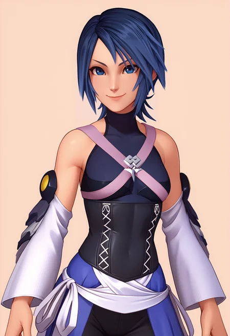 score_9, score_8_up, score_7_up, <lora:AquaPonyV1.0:1>, khaqua, 1girl, solo, blue hair, short hair, spiked hair, blue eyes, smile, sleeveless dark blue turtleneck, bare shoulders, purple chest strap, silver chest ornament, arm armor, white detached sleeves, black corset, white laces, blue skirt, white ribbons, black shorts, black thighhighs, <lora:merunyaa_style_ponyxl_v1_unet:1> merustyle