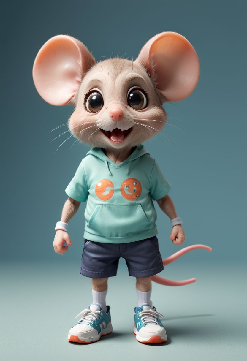 Cute little happy miniature chibi mouse with big comically bright eyes, wearing shorts and tennis shoes,