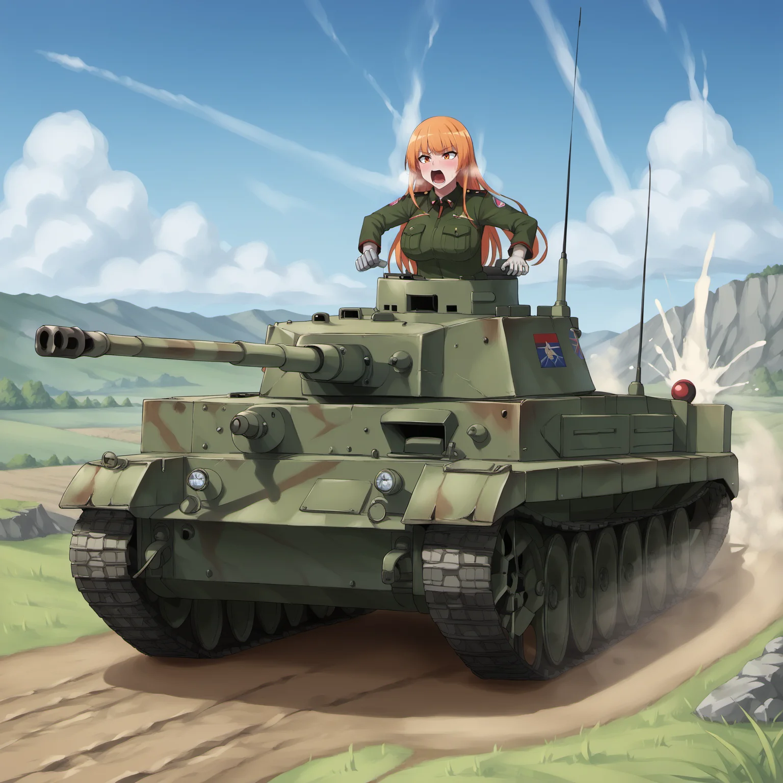 score_9, score_8_up, score_7_up, score_6_up, score_5_up, score_4_up, source_anime, masterpiece, best quality, 1girl, solo, tank, leman russ tank, tank commander, ground vehicle, military vehicle, caterpillar tracks, outdoors, battlefield, battle, military uniform, huge breasts, very long hair, orange hair, bangs, orange eyes, open mouth, screaming, blush, perfect hands, steam, <lora:Perfect Hands:1>, <lora:StS_detail_slider_v1:4>, <lora:add-detail-xl:0.5>, <lora:Style_GFF_Circle_Kuribayashi_Chris_artstyle_for_Pony_XL_v1.5:0.6>, <lora:Tank_commander_concept:0.8>