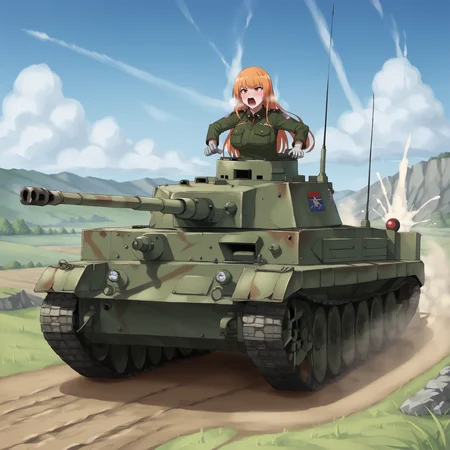 score_9, score_8_up, score_7_up, score_6_up, score_5_up, score_4_up, source_anime, masterpiece, best quality, 1girl, solo, tank, leman russ tank, tank commander, ground vehicle, military vehicle, caterpillar tracks, outdoors, battlefield, battle, military uniform, huge breasts, very long hair, orange hair, bangs, orange eyes, open mouth, screaming, blush, perfect hands, steam, <lora:Perfect Hands:1>, <lora:StS_detail_slider_v1:4>, <lora:add-detail-xl:0.5>, <lora:Style_GFF_Circle_Kuribayashi_Chris_artstyle_for_Pony_XL_v1.5:0.6>, <lora:Tank_commander_concept:0.8>