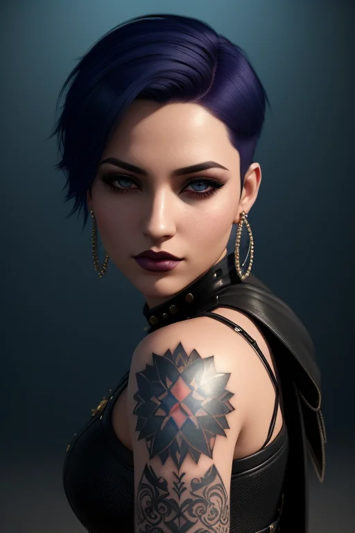 KARADBH with blue short hair and piercings, with a dark and a black background, Charlie Bowater, stanley artgerm lau, a character portrait, sots art, sharp focus, smooth, aesthetic, extremely detailed, octane render, 1girl, blue_eyes, , earrings, jewelry, lips, nose, piercing, realistic, solo, dark industrial background, rtx, upper body, dark makeup, elegant pose, rock clothes, tattoo on arm, leather shirt, navel, beautiful detailed glow, detailed, Cinematic light, intricate detail, highres, detailed facial features, high detail <lora:KARADBHv4_Lora32:0.7>