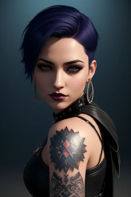 KARADBH with blue short hair and piercings, with a dark and a black background, Charlie Bowater, stanley artgerm lau, a character portrait, sots art, sharp focus, smooth, aesthetic, extremely detailed, octane render, 1girl, blue_eyes, , earrings, jewelry, lips, nose, piercing, realistic, solo, dark industrial background, rtx, upper body, dark makeup, elegant pose, rock clothes, tattoo on arm, leather shirt, navel, beautiful detailed glow, detailed, Cinematic light, intricate detail, highres, detailed facial features, high detail <lora:KARADBHv4_Lora32:0.7>