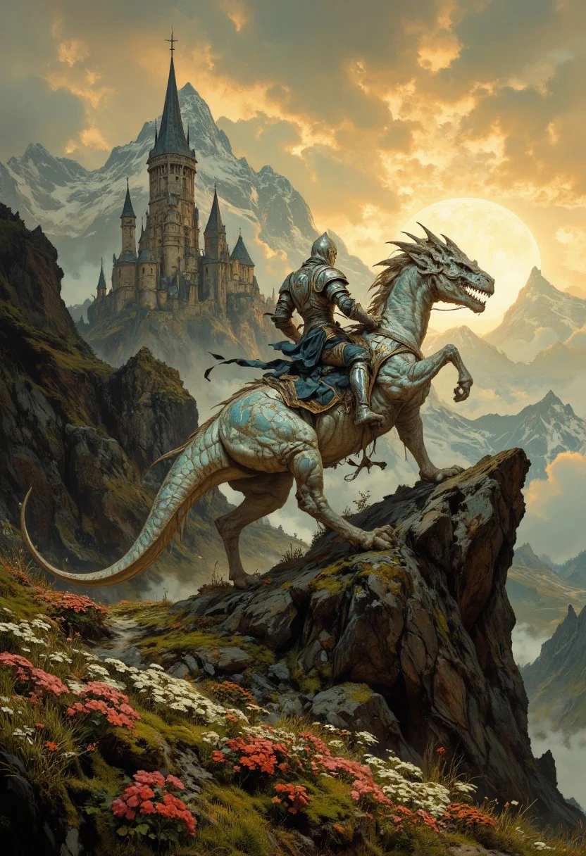 8k high quality digital painting , masterpiece, very detailed, ultra realistic, (best quality) very detailed epic masterpiece,
unearthly beautiful, a breathtakingly beautiful landscape in the French Alps, in the foreground a shiny knight riding on a dinosaur-like dragon watches a beautiful castle in the distance, the low yellow-red sun casts long shadows, enchanting landscape, fairytale-like, calm mood, flowers in the foreground, realistic