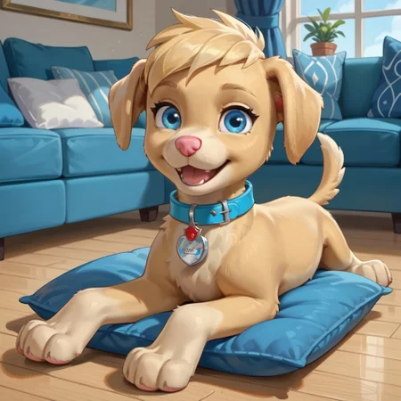score_9, score_8_up, score_7_up, score_6_up, source_cartoon, Ella(PP), solo, 1girl, feral, dog, golden retriever, yellow fur, yellow hair, fluffy tail, blue eyes, pink nose, blue collar, red and blue tag, full body, looking at viewer, laying on stomach, laying on pillow, smile, mouth open, tongue out, living room background,
