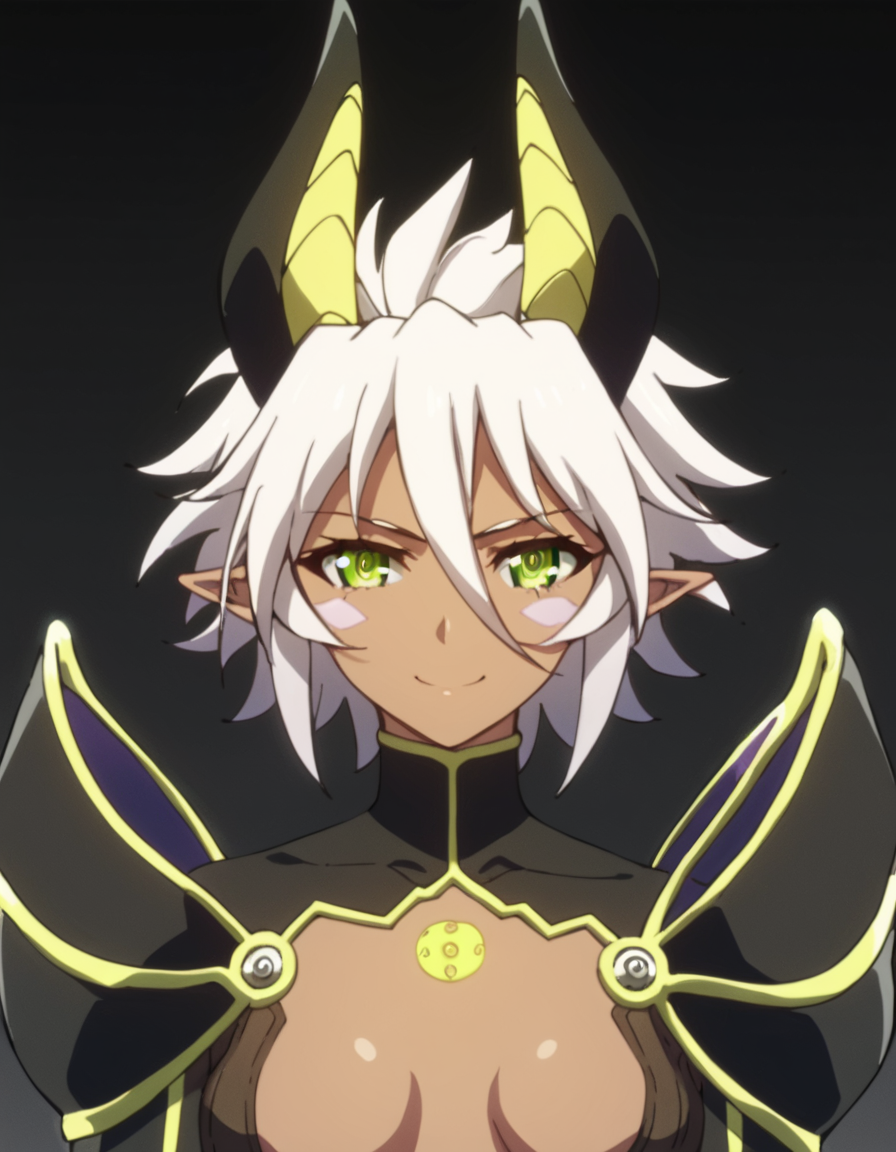 score_9, score_8_up, score_7_up, score_6_up, score_5_up, score_4_up, source_anime,  Zest, short hair, green eyes, white hair, wings, horns, pointy ears, , portrait, soft smile