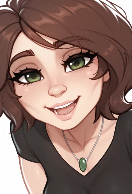 1girl, solo, portrait, white background, open mouth, happy, looking at viewer,
short hair, brown hair, green eyes, mature female,
black shirt, short sleeves, necklace,
masterpiece, best quality, <lora:auntcass-guy90-Illust-LoraV2:1>, ssanua, <lora:Blushyspicy-guy90-IllustriousV101:1>, yciblu