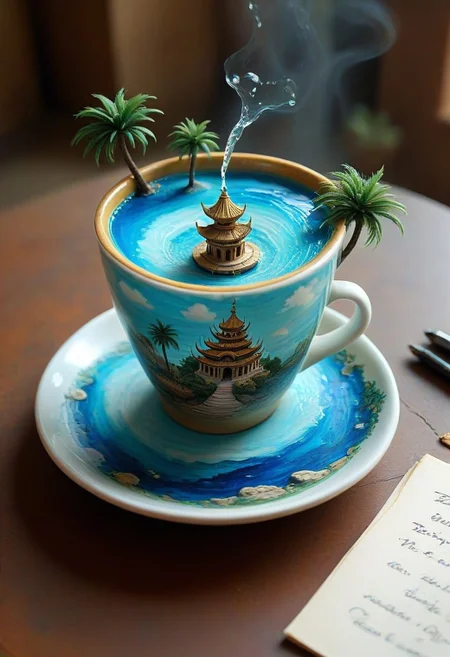 tilt-shift photo of best quality double exposure complex surreal painting on cracked paper, macro, microworld, hyperdetailed, insanely detailed, surreal, tiny genie spirit creature, flying oasis landscape placed inside a cup on the table in room. waterfall, lotus flowers,temple palms desert filigree, table cinematic, big eyes 32k, by Rockwell, WLOP Ryniac, Craola, Disney, van Gogh, highly detailed, intricated, intricated pose, high quality, centered, perfect composition.,
<lora:Midjourney_-_SemiReal_Dreams_FLUX_LoRA:1>,<lora:hyper-detail-illustration:1>, Selective focus, miniature effect, blurred background, highly detailed, vibrant, perspective control