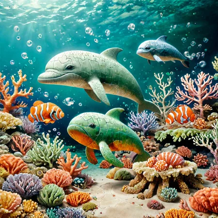 Underwater world of puzzles”
Draw an ocean where all the inhabitants - fish, corals, algae and even bubbles - are made up of puzzles. In the center of the scene is a huge whale, assembled from blue and green puzzles, and around him swim colorful jellyfish, which are not yet fully assembled. At the bottom of the ocean lies a shipwreck, which is slowly assembled from puzzles.