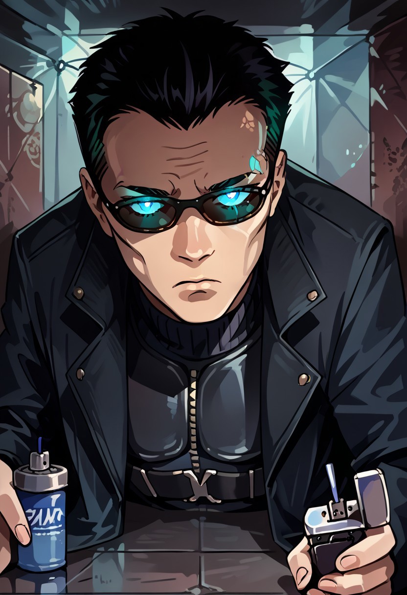 score_8, score_8_up, score_7_up, source_anime,  1boy, female focus, solo, jde, sunglasses, black hair, short hair, black coat, trench coat, glowing eyes, CEVCDH, crawling, on stomach, lying, cramped, ventilation shaft, straight-on, expressionless,
