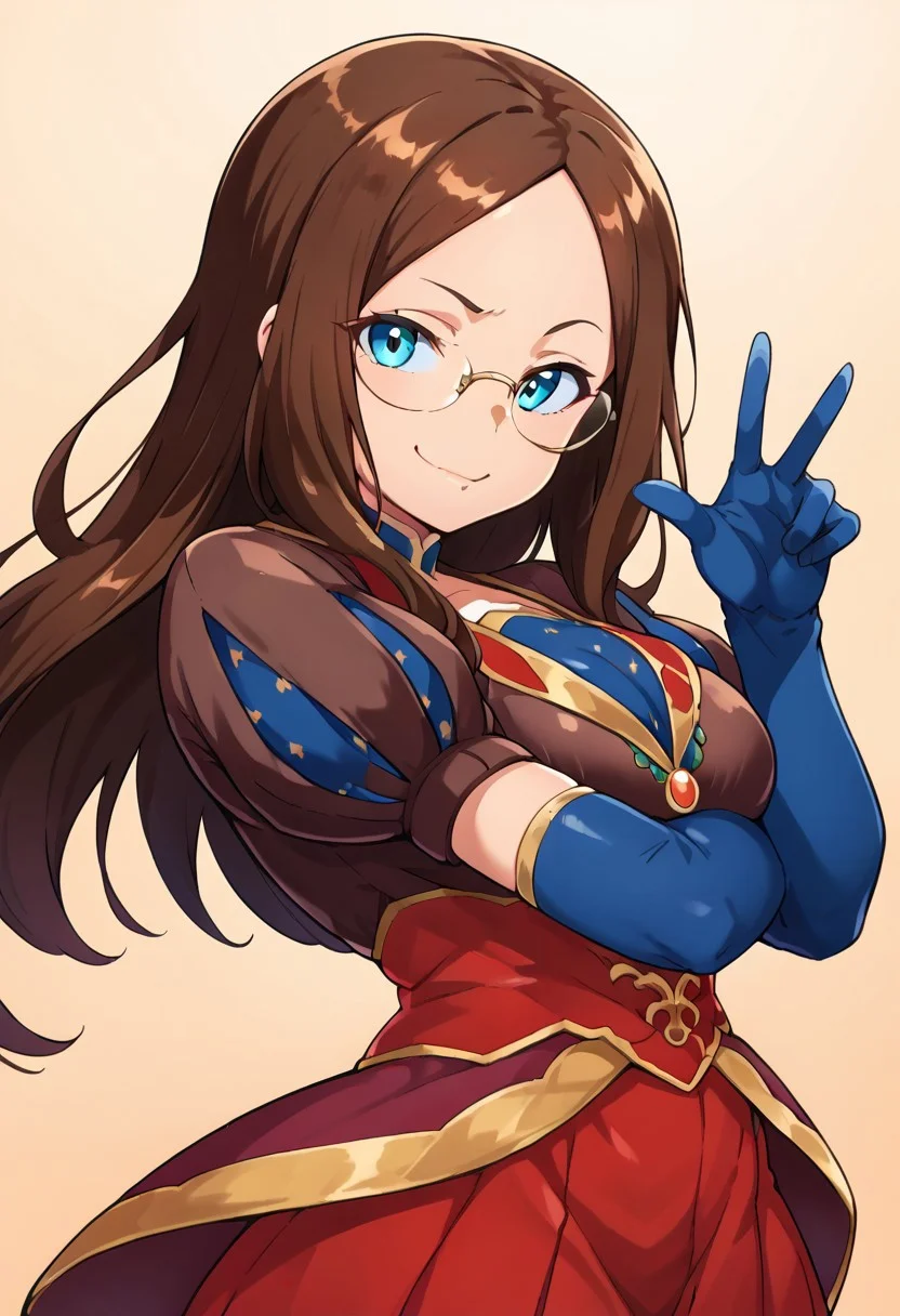 (zPDXL3),
(zPDXLxxx),
1girl,
solo,
leodv,
brown hair,
long hair,
parted bangs,
blue eyes,
large breasts,
glasses,
brown dress,
short puffy sleeves,
red skirt,
blue gloves,
elbow gloves,
blue thighhighs,
smug,
looking at viewer,
uncensored,
side view,
bust up,