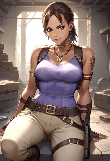 Expressiveh, score_9, score_8_up, score_7_up, <lora:RE5Sheva:0.8>, RE5Sheva, Sheva Alomar, dark skin, dark skinned, left shoulder tattoo, Shujaa tattoo, red tattoo, 1girl, solo, smirk, expressive eyes, brown eyes, black hair, ponytail, form-fitting purple singlet, beige pants, knee-high boots, tactical belt, pistol holster, leather forearm guards, fingerless gloves, traditional African jewelry,, (sexy pose),, (indoors, abandoned building, dirty room, dynamic lighting)