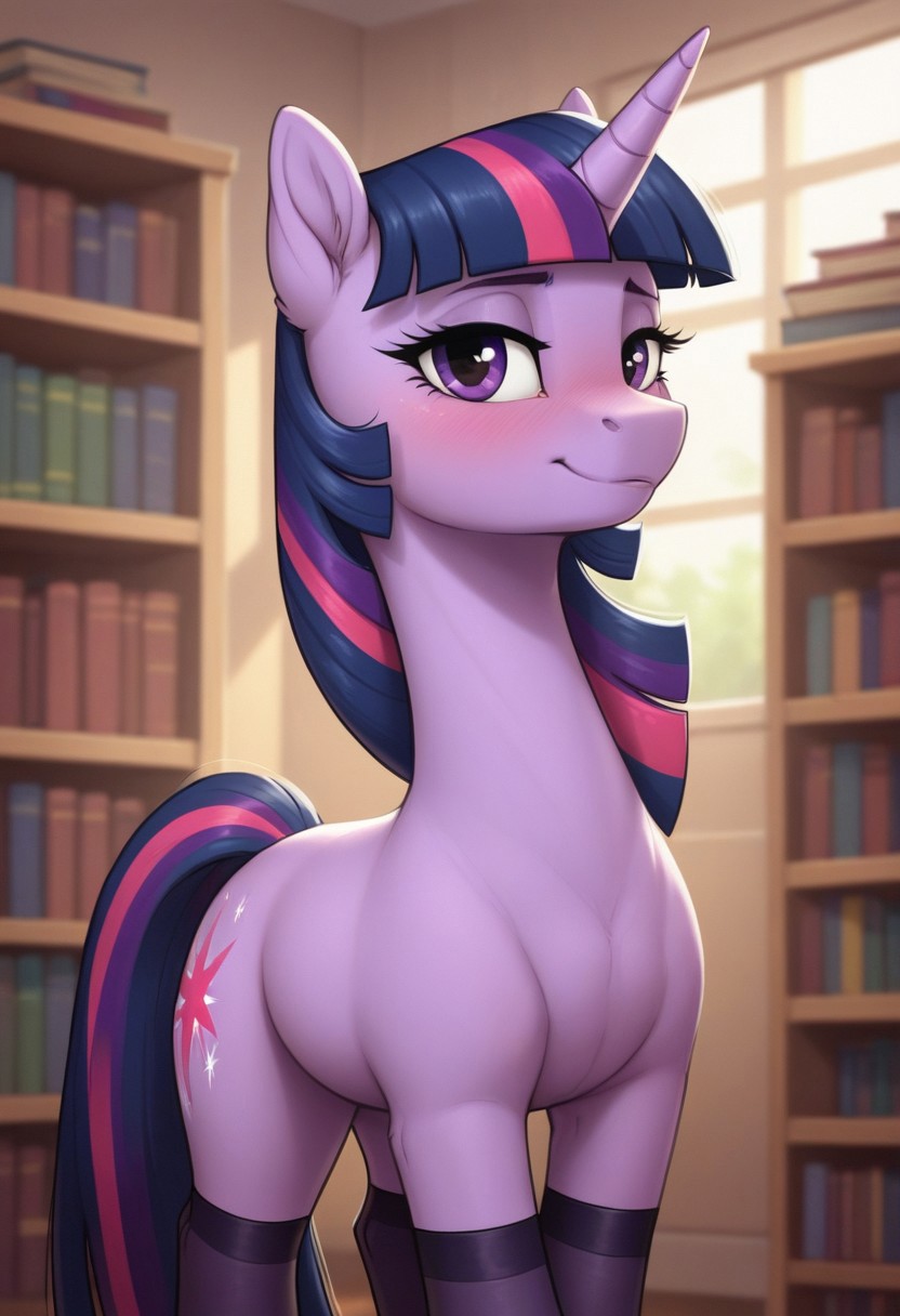 score_9, score_8_up, score_7_up, score_6_up, pony, unicorn, feral, solo, mare, (Twilight Sparkle), no breasts, library, indoors, (evening), tail, photo_realistic, blushing female, anatomically correct, looking at you, standing, front view, back stockings, garter straps