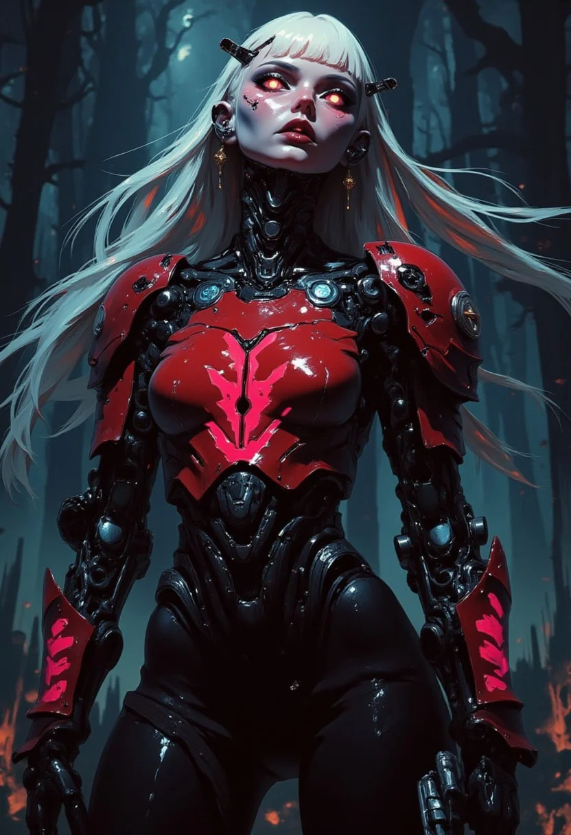 silhouette art, animeanime image of a robotic cyberpunk female warrior, long multicoloured hair (platinum with red and blue highlights or streaks), bangs, dark eyeshadow, red lips, chrome and red armour, silhouetted, chiascuro, glowing eyes, abstract dark cyberpunk background
