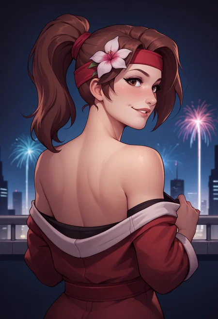 score_9, score_8_up, score_7_up, 1girl, solo, JessieFF7, brown hair, brown eyes, from behind, medium breasts, ponytail, red headband, upper body, off-shoulder kimono, bare shoulders, hair ornament, hair flower, undressing, clothes tug, looking at viewer, looking back, seductive smile, parted lips, blush, cityscape, skyline, night, black background, depth of field, floral pattern, fireworks, butt, hands up, <lora:jessieff7-ponyxl-beta3-08:0.9>