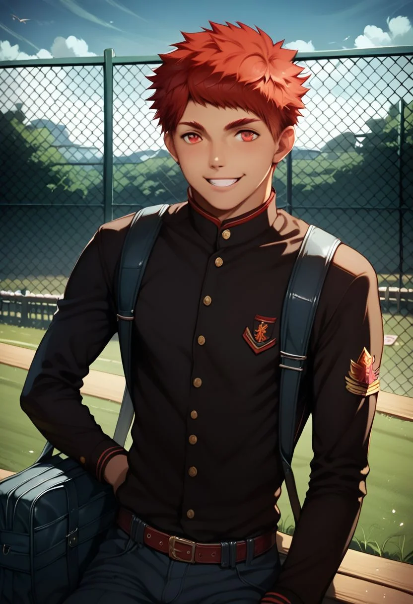 score_9, score_8_up, score_7_up, masterpiece, best quality, lots of details, close-up, ((1boy)smile red eyes long sleeves 1boy school uniform male focus red hair outdoors sky solo focus day pants cloud bag tree backpack aged down school bag fence gakuran chain-link fence Toshu_Kanada bacchikoi, shaded, detailed shading, detailed skin, shaded skin, realistic shading, Expressiveh, countershading:1.1, outdoors

