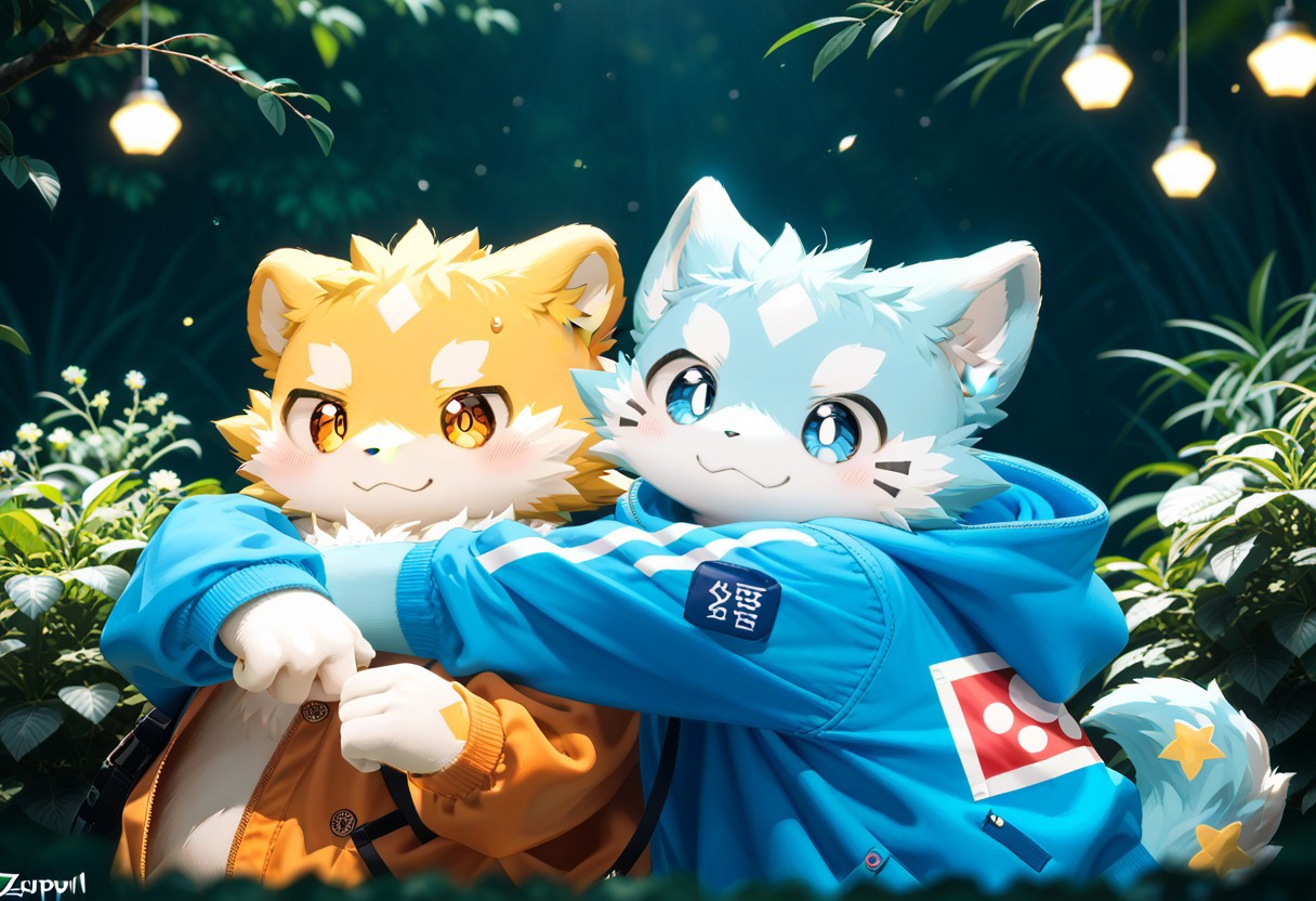 score_9, score_8_up, score_7_up, zPDXL3, ((((sdgs6by zuppu11)))), 2boys, duo, furry, cute, kemono, detailed background, park background, hugging, rating_safe