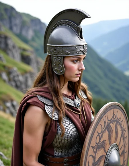 Dacian a woman with a falx an in a tarabostes costume  is standing in front of a mountain. Woman wear a helmet and hold a dacian decorated ovel shield. <lora:DaciiV6:1>