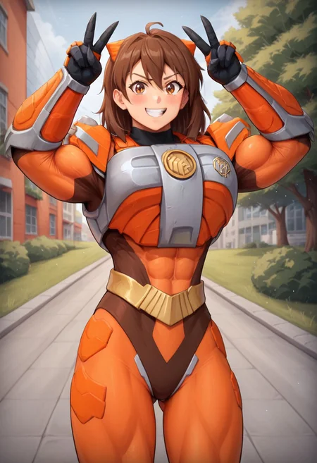score_9, score_8_up, score_7_up, zPDXL, zPDXLpg, source_anime, <lora:offset_0.2:0.1>, <lora:spo_sdxl_10ep_4k-data_lora_webui:1>,
1girl, solo,
sazervisuel, orange bodysuit, brown leotard, belt, armor, gauntlets, black gloves, tight cloth ,claw \(weapon\)<lora:Sazer_Visuel:1>,
brown hair, brown eyes, hair between eyes, medium hair, hair behind ear,muscular_female_illust, muscular, muscular female, gigantic muscles,vaginal
Seductive smile, blush on face, hands peace ,facing viewer, ass visible through thighs, looking at viewer,
cowboy shot,
outdoors, city, street