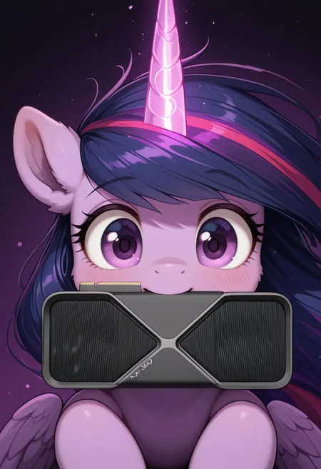 masterpiece, best quality, amazing quality, very aesthetic, absurdres, newest, solo, pony, mare, princess twilight 2, horn, wings, purple eyes, dark purple hair, long hair, in_shop, holding_with_mouth, holding_gpu, rtx5090, graphics card, happy, close_up, glowing horn, levitating x with magic