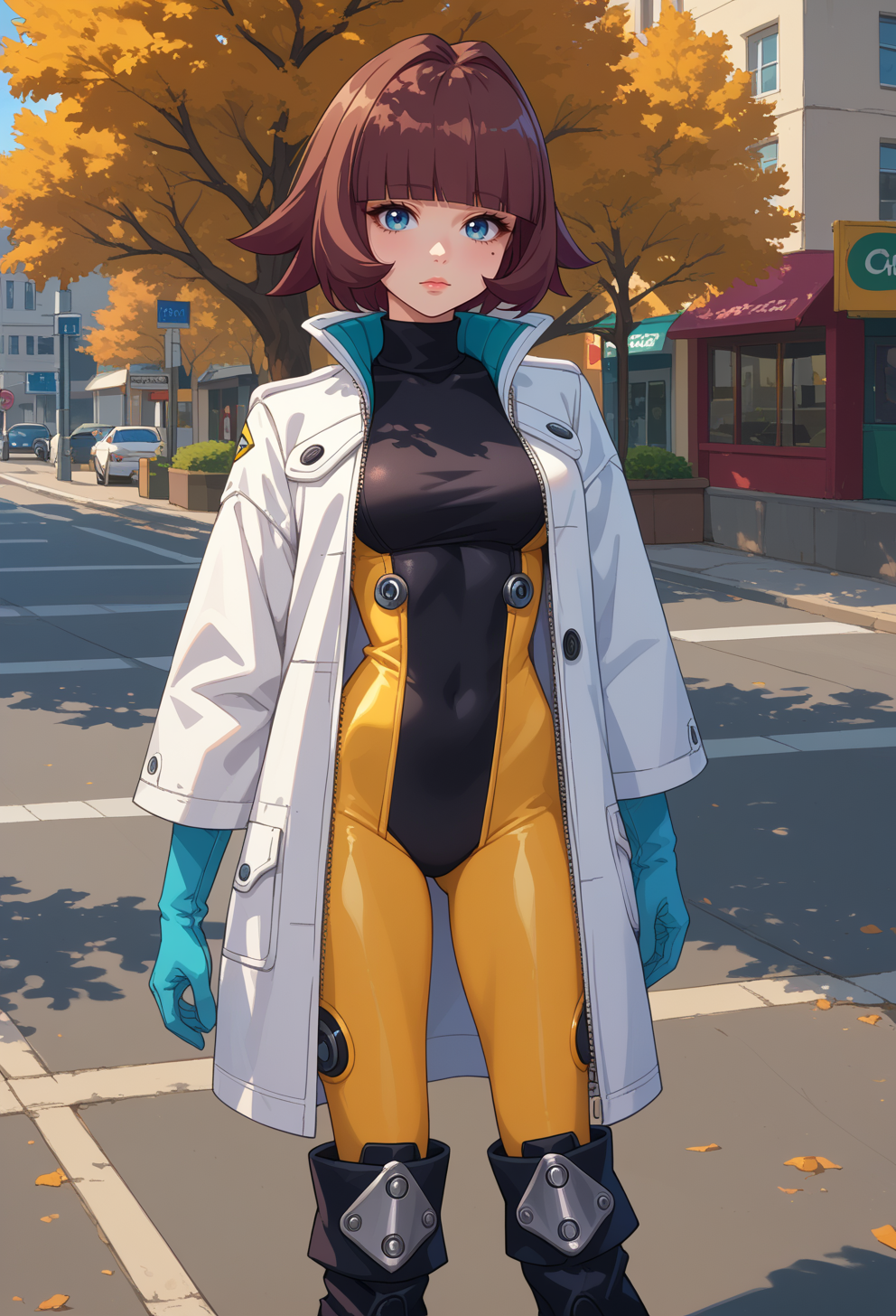 score_9, score_7_up, source_anime, BREAK  solo, <lora:AEEliana:0.7> AEEliana, blue eyes, blunt bangs, brown hair, short hair, mole under eye, black shirt, two-tone bodysuit, black bodysuit, yellow bodysuit, long sleeves, turtleneck, white coat, blue gloves, black footwear, knee boots, standing,