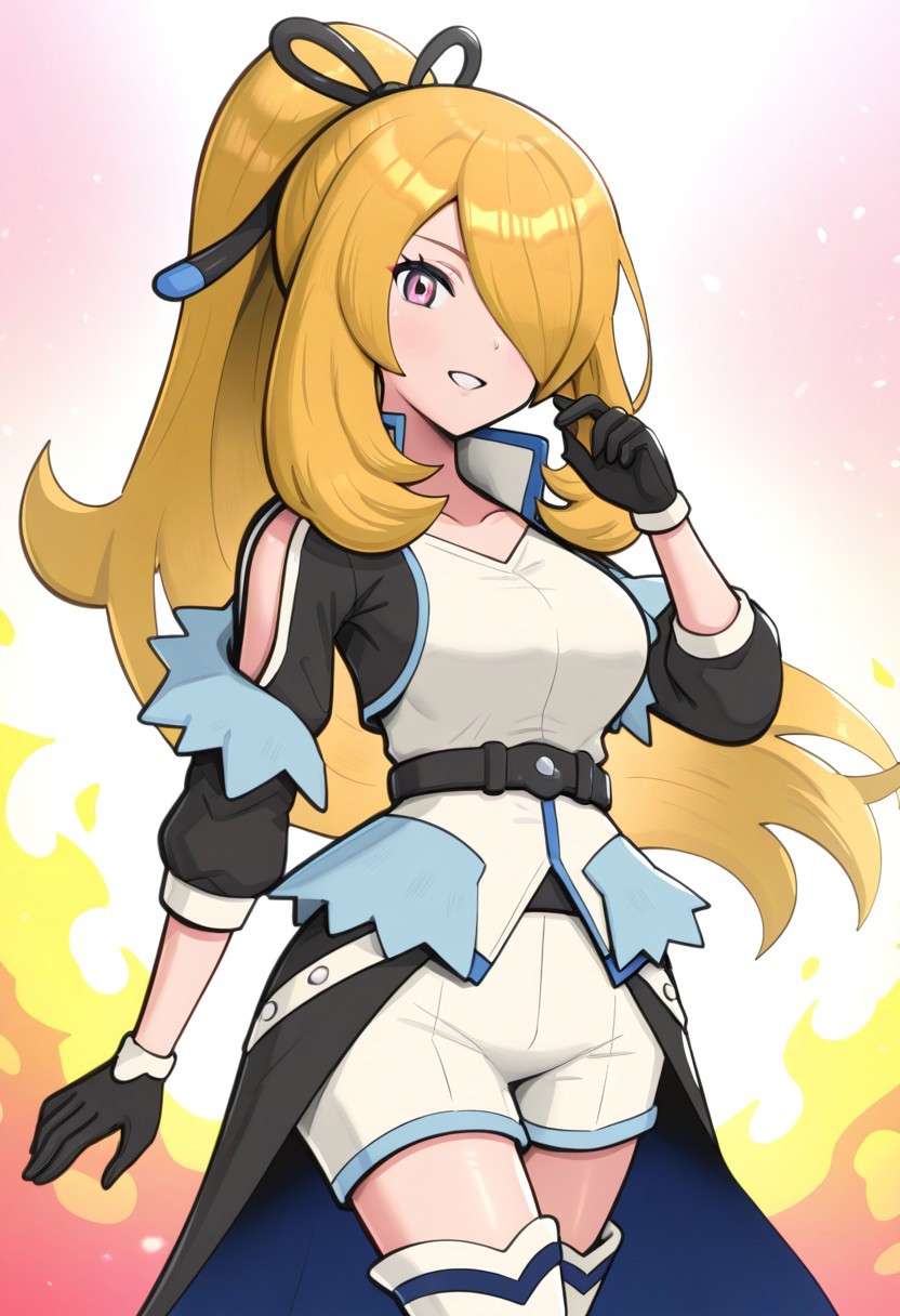 [hinosaki, pokemoa, gonzarez], 2d, masterpiece, best quality, amazing quality, 1girl, solo, close-up, standing, smile, upper body, cowboy shot, looking at viewer, simple background, colorful background, flames, auracynthia, ex colors, grey eyes, blonde hair, very long hair, ponytail, white hair ribbon, hair over one eye, collarbone, black jacket, shoulder cutout, black gloves, white shirt, black belt, white shorts, showgirl skirt, black skirt, blue lining, thigh boots, high heels boots, white footwear