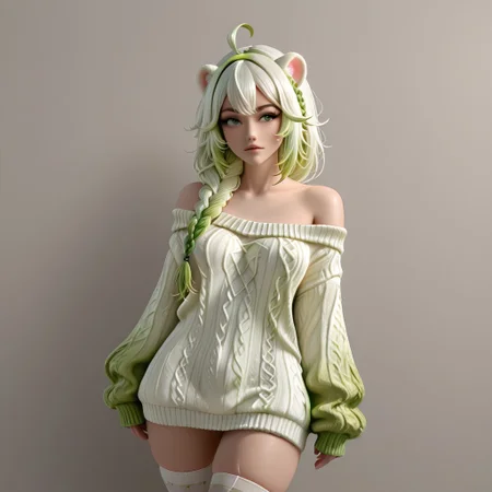 coll-dami, 1girl, thighhighs, animal ears, green eyes, braid, multicolored hair, sweater, green hair, white thighhighs, ahoge, off-shoulder, sweater off shoulder