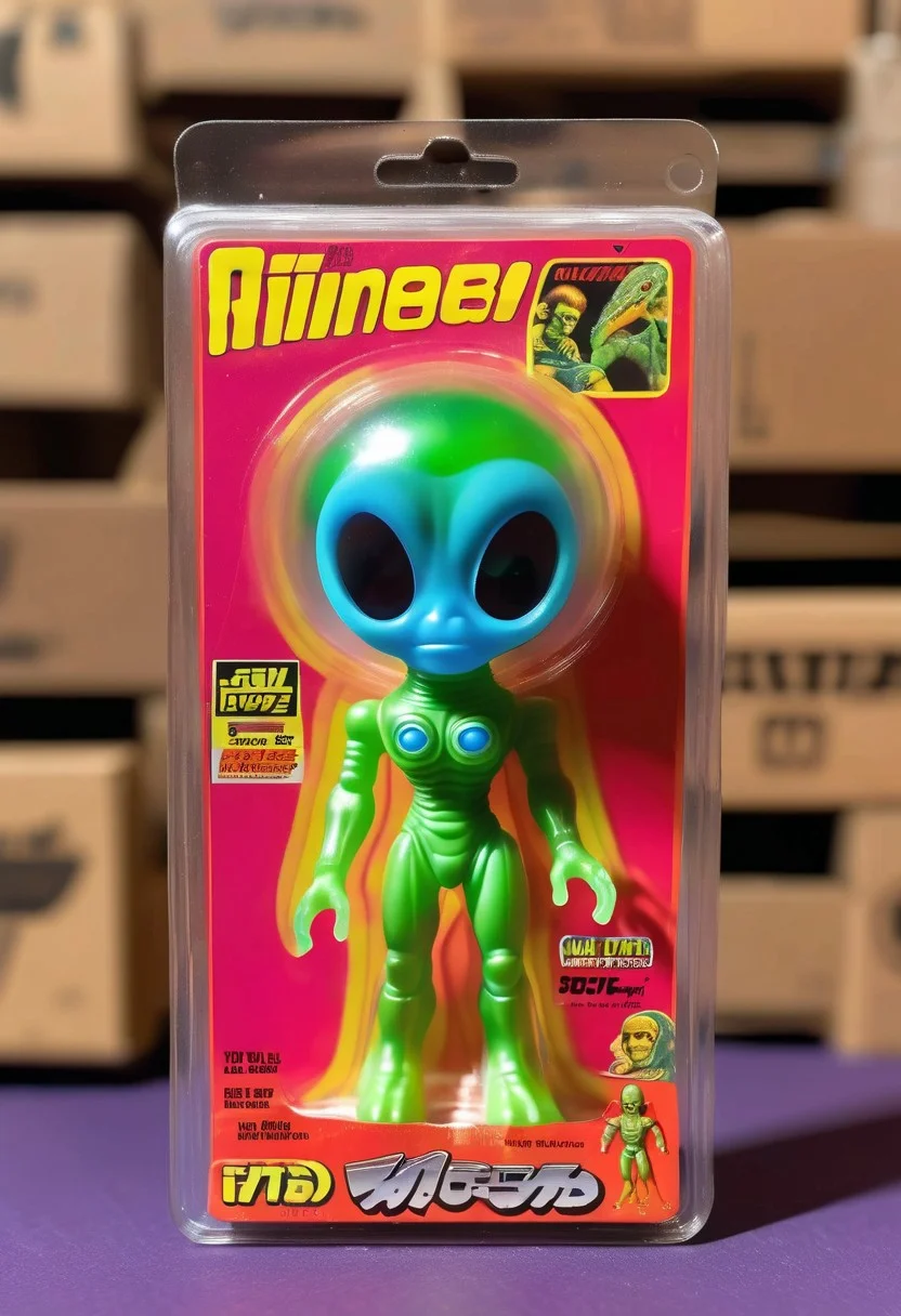<lora:1987 Action Figure Playset Packaging:1>1987 Action Figure Playset Packaging - A product photo of a 1970s japanese toy clear alien figure in front of packaging