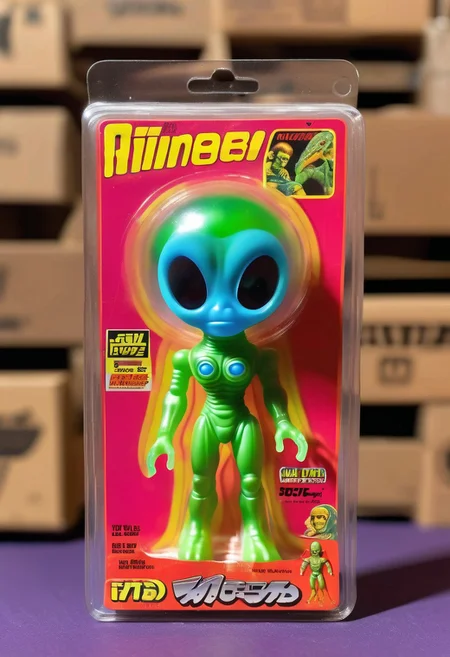 <lora:1987 Action Figure Playset Packaging:1>1987 Action Figure Playset Packaging - A product photo of a 1970s japanese toy clear alien figure in front of packaging