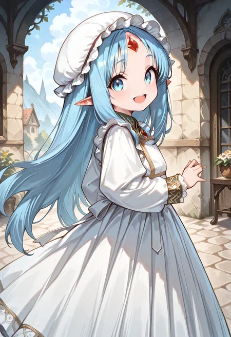 masterpiece, best quality, good quality, very awa, very aesthetic, absurdres, newest, gr4ph1t3, beautiful eyes, perfect eyes, detailed eyes, 1girl, solo, eset_kalar_il ,pointy ears,blue hair,long hair,blue eyes,red gem forehead,, Victorian style maid clothes, full sleeves, long apron, classic, maid mob cap, beautiful eyes, ,looking at viewer.smile,open mouth,cute girl, outdoors,intown,,dancing,from side, fantasy