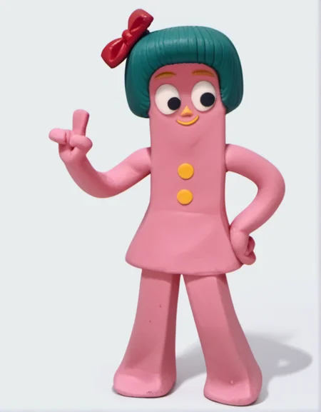 score_9, score_8_up, score_7_up, 1girl, solo, minga1, green hair, pink skin, Claymation, hand on hip, smug, full body focus, black eyes, red bow, yellow buttons, simple background, <lora:minga1-000011:1>,