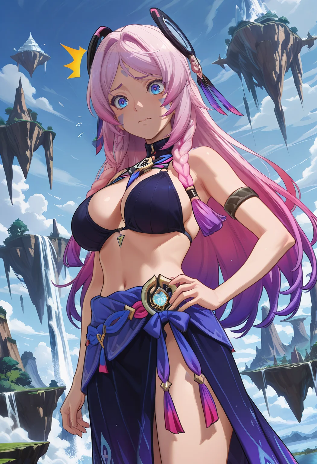 Smooth Quality,masterpiece, absurdres, best quality,anime artwork, anime style, studio anime,
dutch angle,
^^^,worried,floating island, clouds, waterfalls, floating rocks, hand on own hip,
,(large breasts:1.2) ,
<lora:CitlalÃ_IL:0.8> citlalÃ_il, solo, long hair, braid, pink hair, purple hair, multicolored hair, gradient hair, blue eyes, facial mark, bikini, silk, skirt,