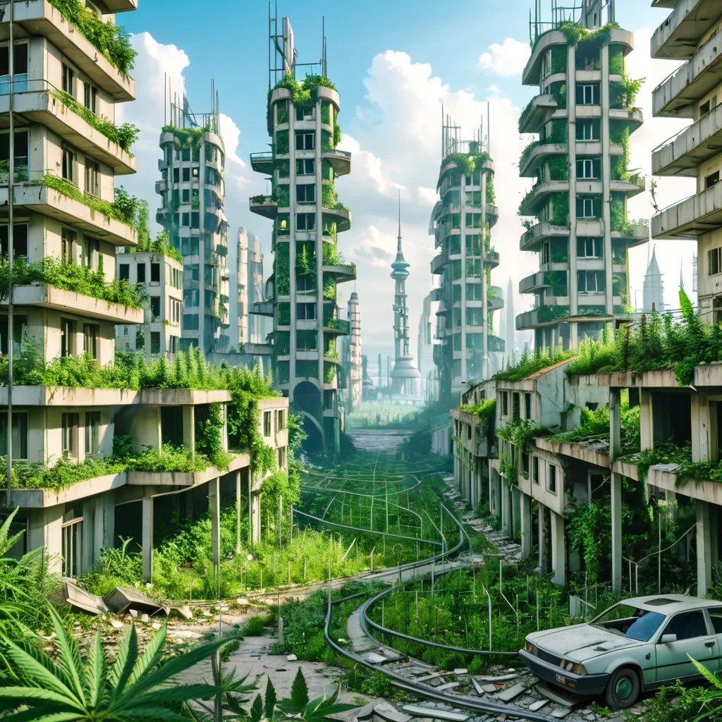 420futurism, typical european modern ruined overgrown city, sharp, natural, detailed, sad atmosphere, masterpiece