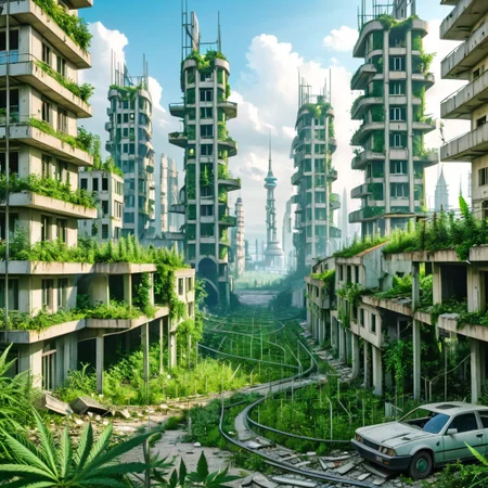 420futurism, typical european modern ruined overgrown city, sharp, natural, detailed, sad atmosphere, masterpiece