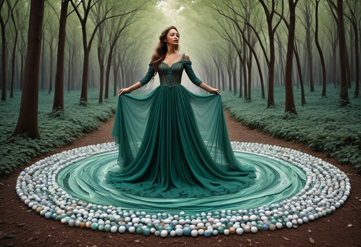 lazypos, made of marbles, A woman in a flowing dress of marbles stands in an emerald forest, a fairy ring encircling her, but as she moves, her form dissolves into swirling, rainbow abstract patterns that ripple like sound waves., contemporary urban realism meets ethereal literary illustration, powerful female portraiture with atmospheric storytelling, classical oil technique fused with delicate watercolor textures, street art aesthetics blended with gothic romanticism, rich earthy tones layered with soft muted pastels, expressive brushwork and intricate costume detail, textured urban settings with fairytale undertones, emotional realism meets dreamlike composition, cultural identity portrayed through poetic environments, symbolic backgrounds with moody light, narrative portraiture infused with mystery, realism and fantasy in intimate balance, dogwood trees
