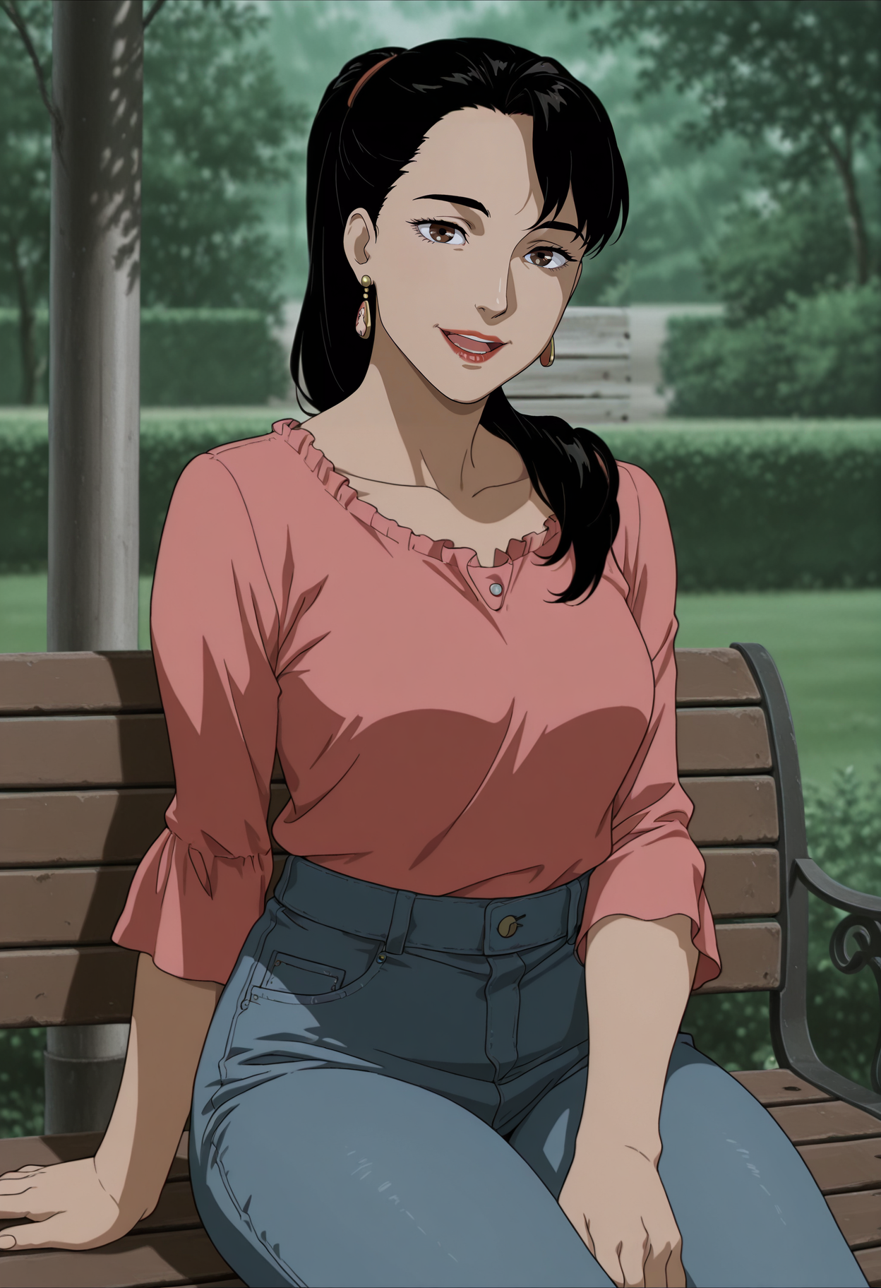 1girl,solo,mm,mature female,black hair,long hair,brown eyes,earrings,lipstick,anime coloring,
shirt,denim,pants,ponytail, sitting,on bench,outdoors,looking at viewer, open mouth, smile
,masterpiece,best quality,amazing quality,<lora:Eva_Friedel-Magnetic_Rose:0.8>