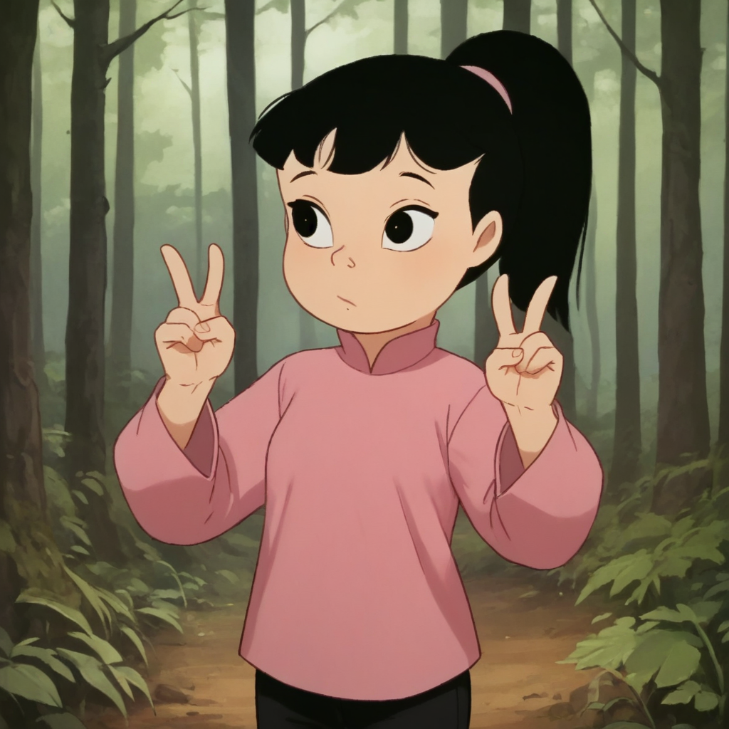 score_9_up, score_8_up, BREAK, Stormy, 1girl, solo, black hair, ponytail, black eyes, pink shirt, black pants, cowboy shot, double v, forest,  <lora:Stormy_TheManFromButtonWillow_PXL_Leaf2:1>