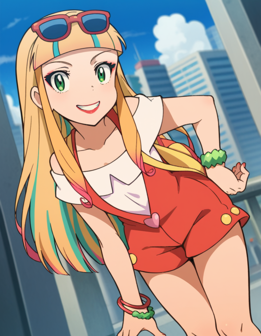 score_9, score_8_up, score_7_up, source_anime,
pokemonrisa, <lora:pokemon-risa-movie-ponyxl-lora-nochekaiser:1>,
risa, long hair, bangs, blonde hair, green eyes, multicolored hair, blunt bangs, makeup, lipstick,
shirt, jewelry, short sleeves, heart, bracelet, sunglasses, eyewear on head, overalls, overall shorts,
cityscape, street, bent over, smile,
looking at viewer, cowboy shot, solo, dutch angle,