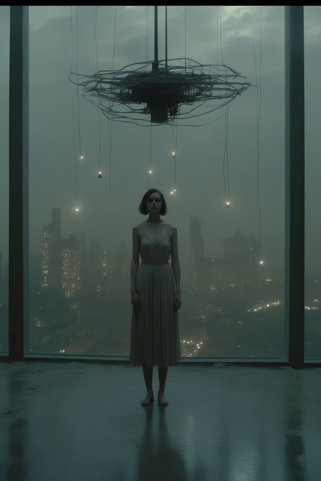 <lora:Director David Fincher style:1>Director David Fincher style - Artist:  and Michal Borremans Style: Cinematic, atmospheric, and introspective Location: A city suspended in twilight, existing in the liminal space between waking and dreaming within the collective unconscious. Scene: Valentina, on her unending exploration of our shared psyche, crosses paths with the Archetype of the Twilight Guardian, a spectral entity that safeguards the transition between light and darkness, reality and dreams. Story: Accompaniedthe Twilight Guardian, Valentina roams the city's deserted streets and towering skyscrapers, their facades shimmering with the last traces of daylight. She observes the city as it transforms, the interplay of light and shadow creating a dreamscape of surreal beauty. Set up:
