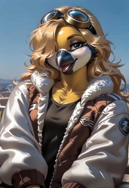 score_9, score_8_up, score_7_up, (by zummeng:1.5), (by jailbird:1.5), (by kittydee:1.5), masterpiece, best quality, (solo),
(Furry Art: great tit:1.5), expressive eyes, feminine eyes, <lora:beautiful_detailed_eyes:1>, perfect face, feminine face, feminine body, black beak, multicolored body, yellow body, black colored down middle of body, black head, white cheeks, (blonde hair:1.5), (long hair), (one eye covered by hair), small breasts, (bomber jacket:1.5), (t-shirt:1), (googles),